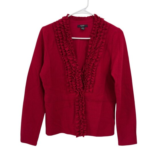 Alfani Petite Womens Red Ruffle Front Cardigan Sweater 100% Merino Wool Size P/S - Picture 2 of 11